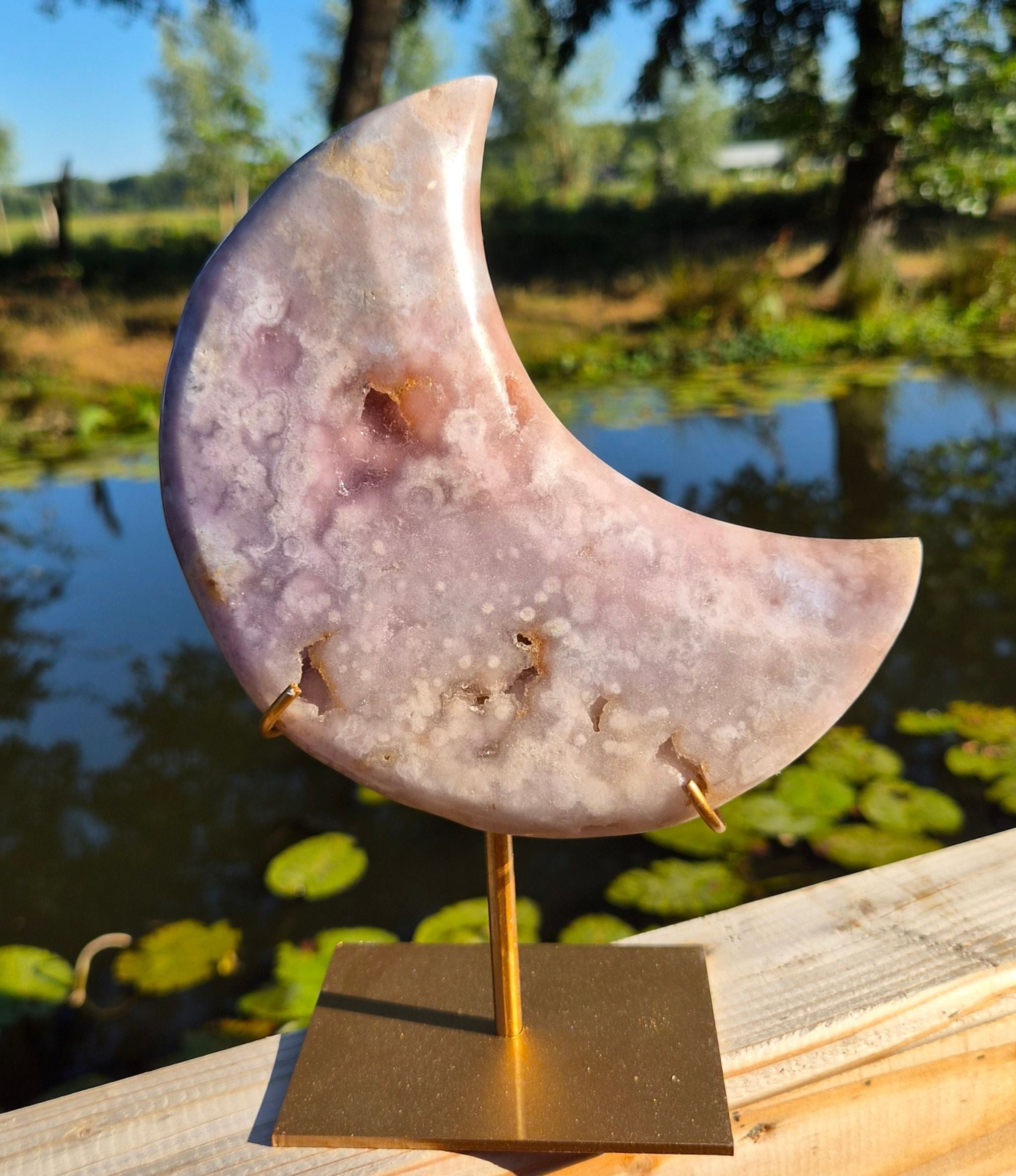 Pink amethyst moon on stand