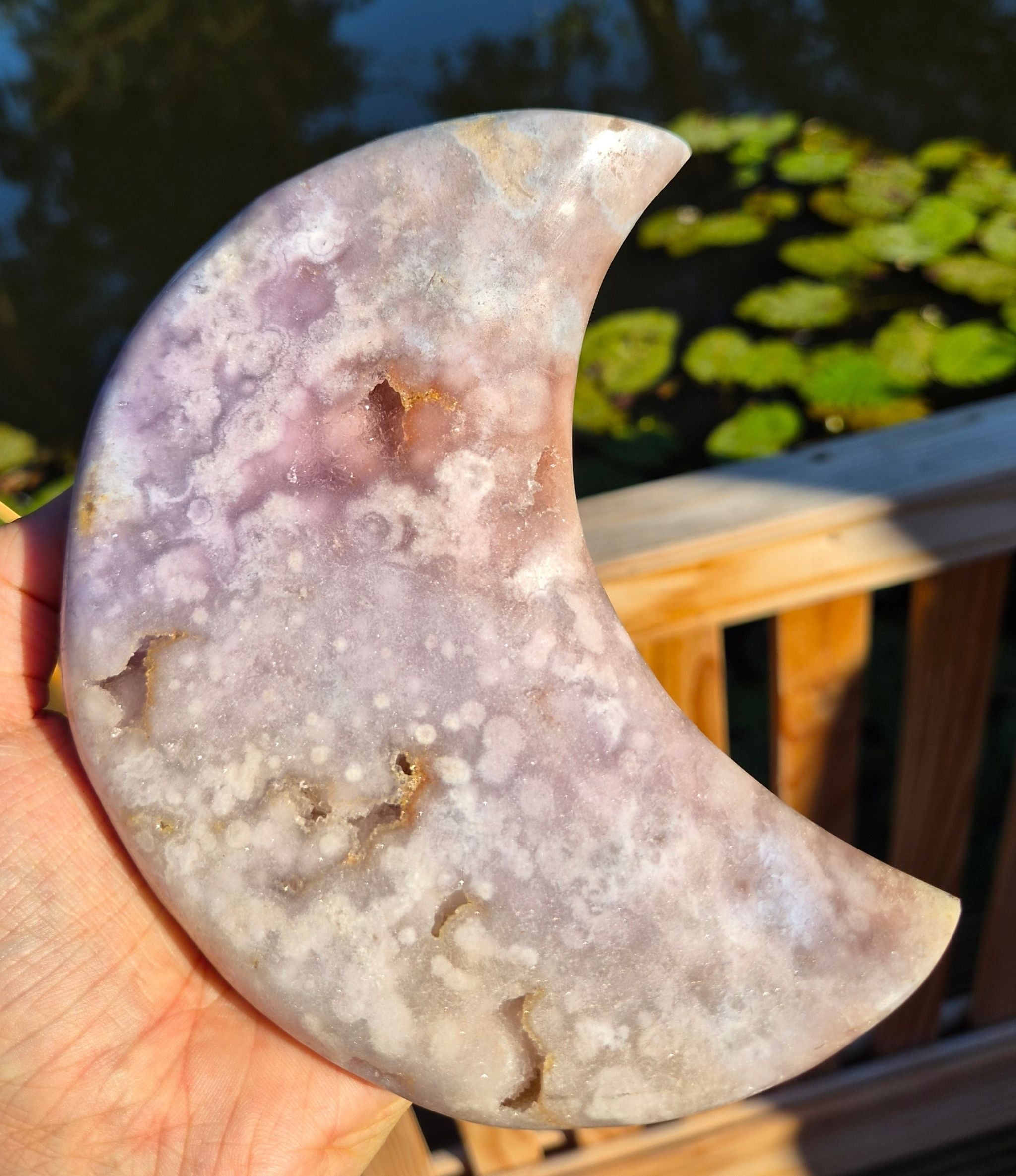 Pink amethyst moon on stand