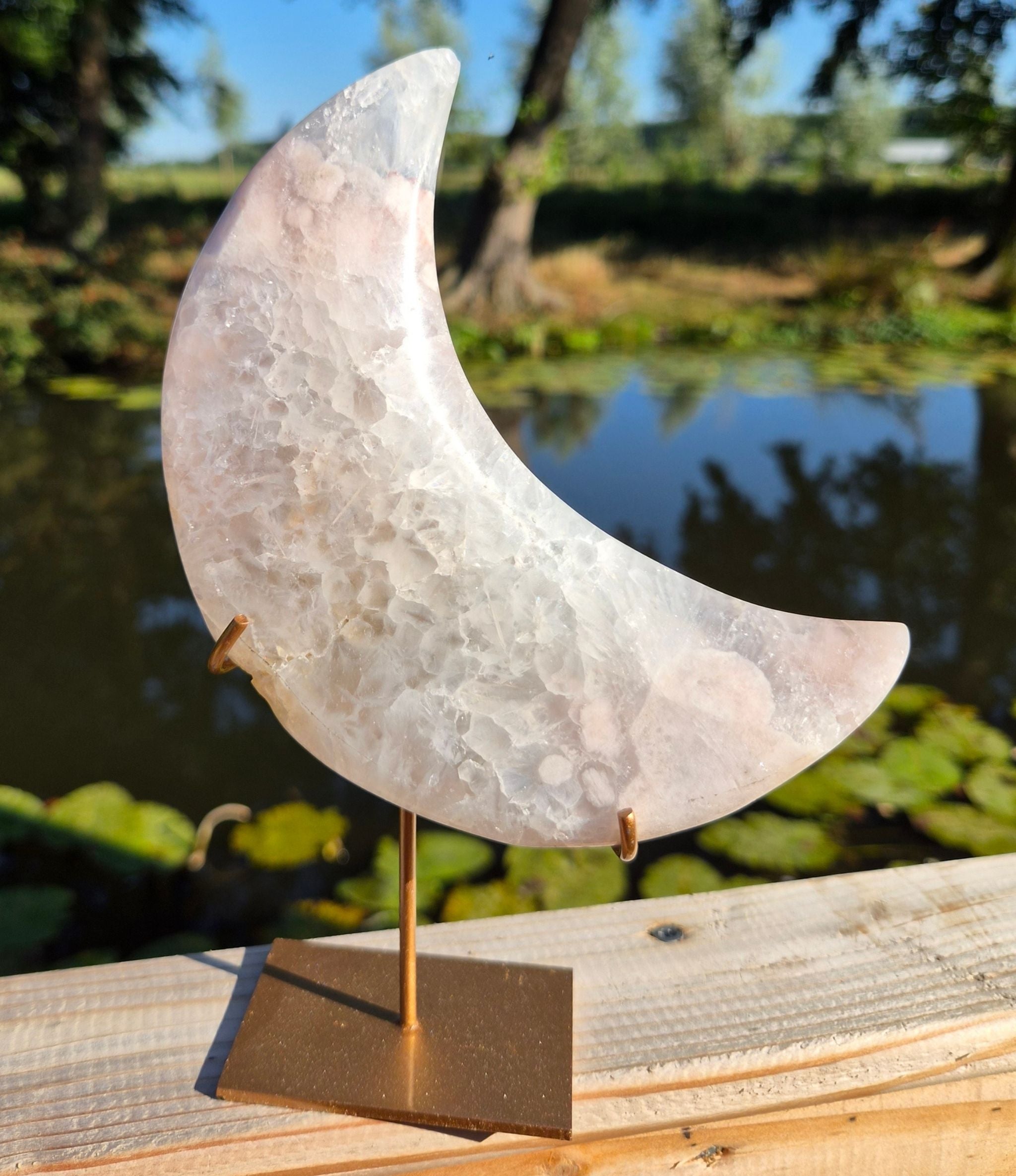 Pink amethyst moon on stand