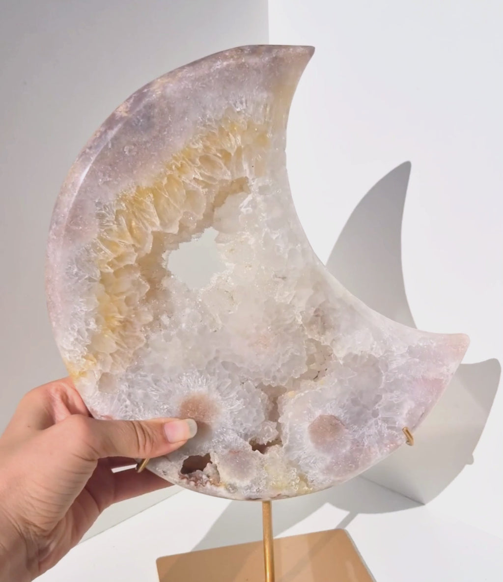Pink amethyst moon on stand