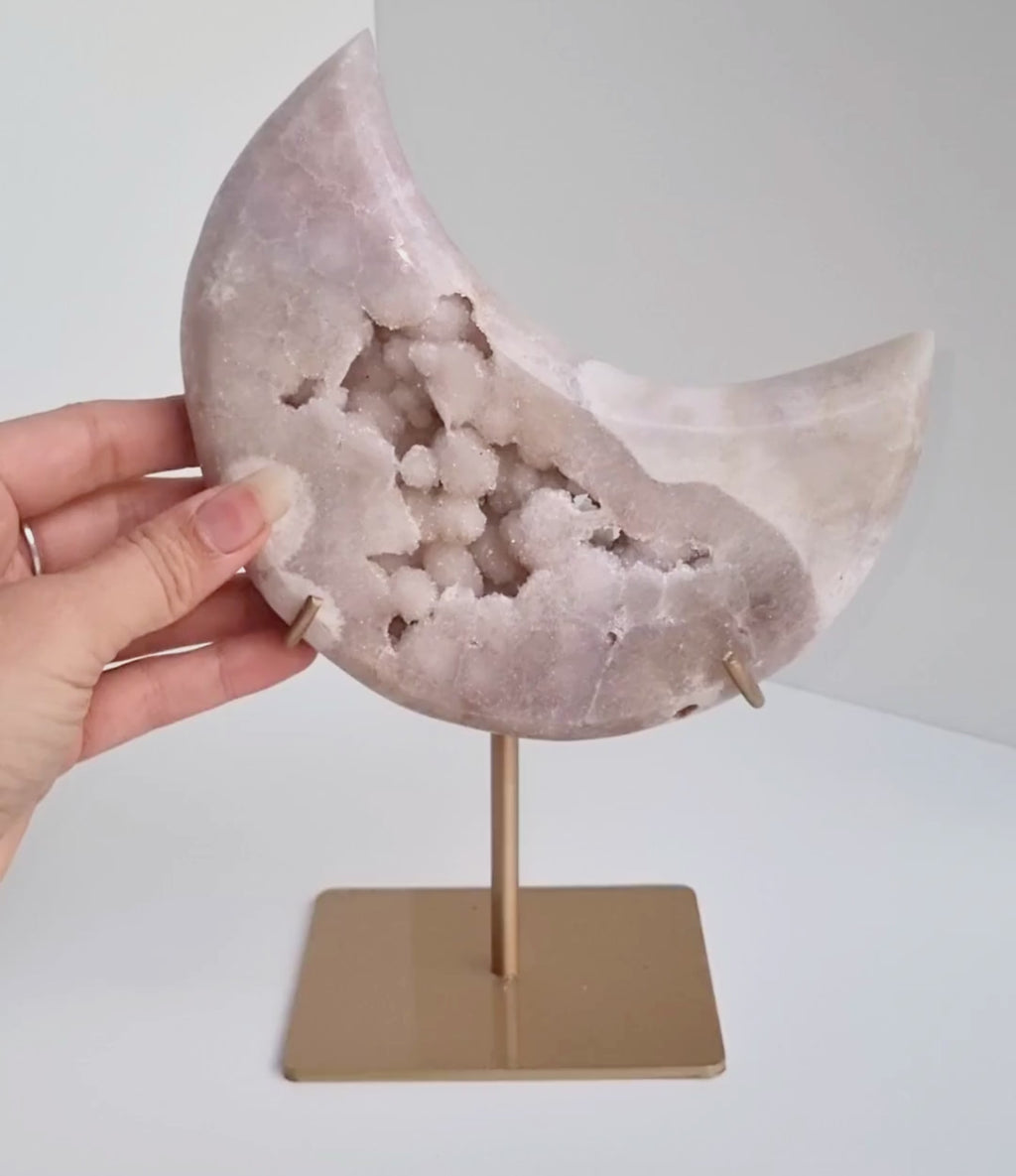 Pink amethyst moon on stand