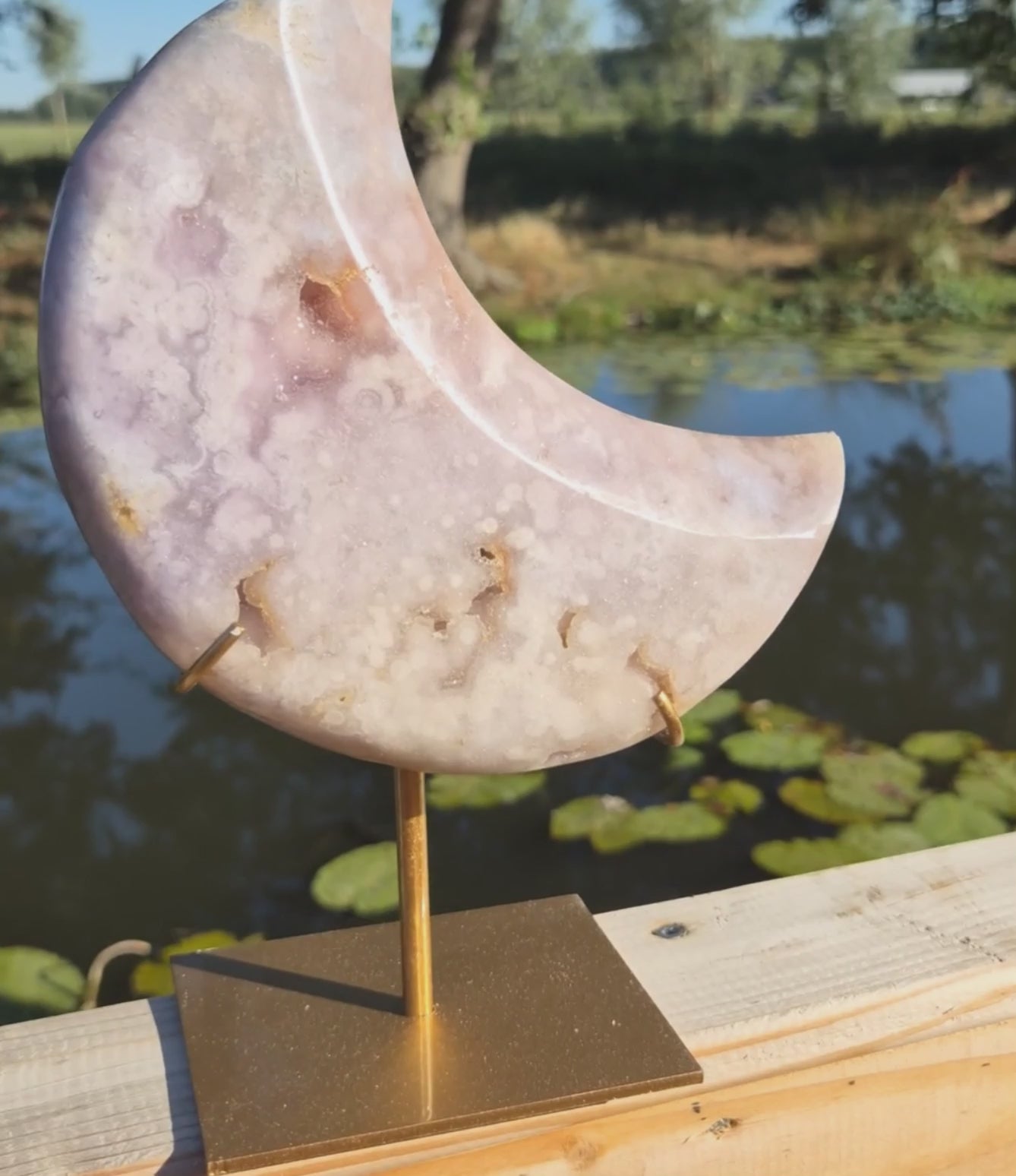 Pink amethyst moon on stand